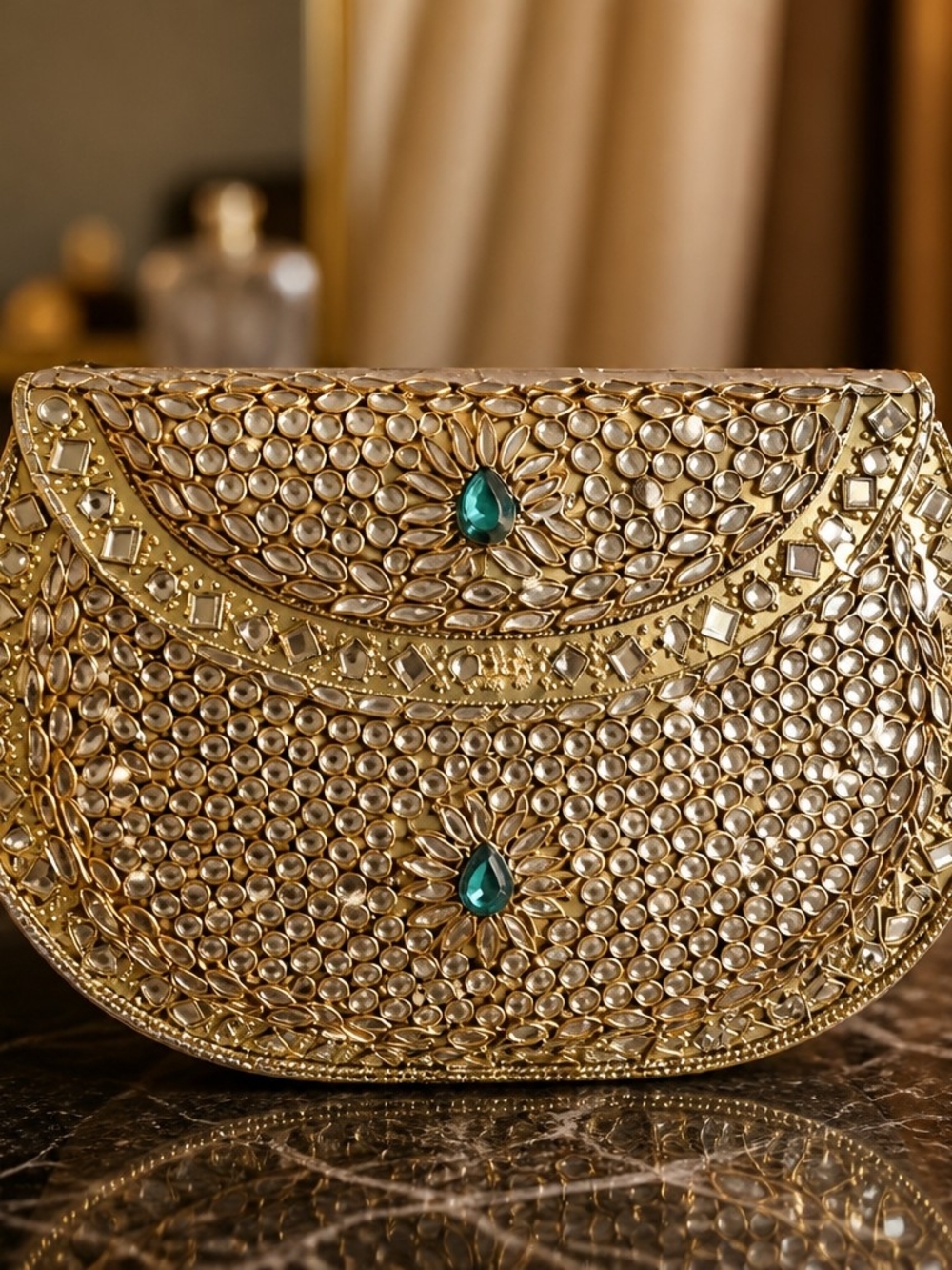 Gold Embellished Evening Clutch with Emerald Accents